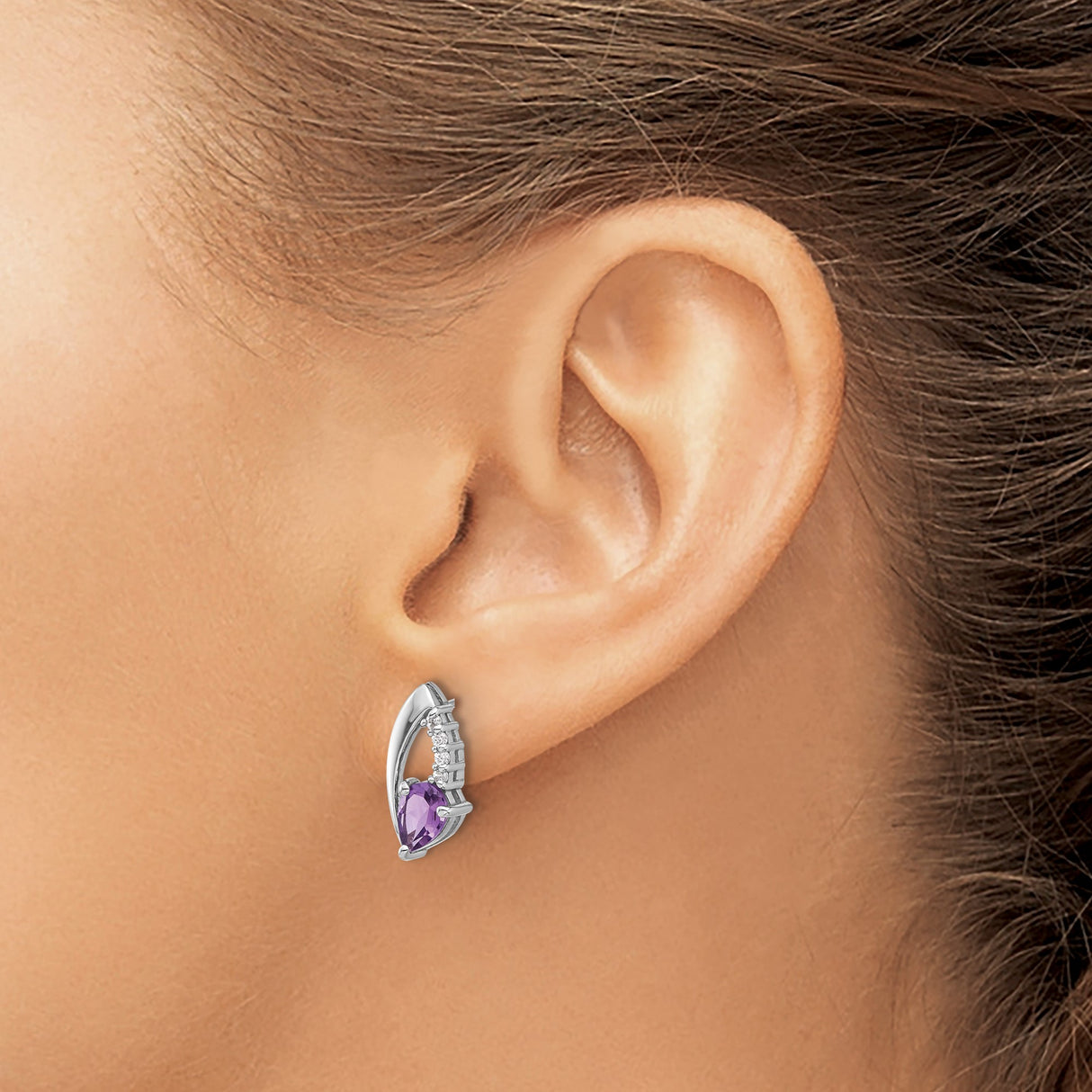 Sterling Silver Stud Earrings with Pear Shaped Amethyst and Cubic Zirconia Accents
