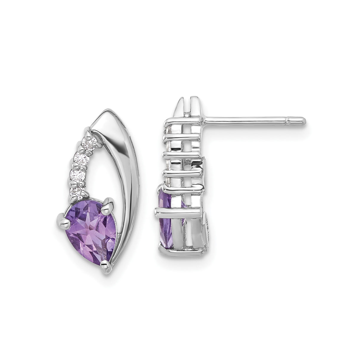 Sterling Silver Stud Earrings with Pear Shaped Amethyst and Cubic Zirconia Accents