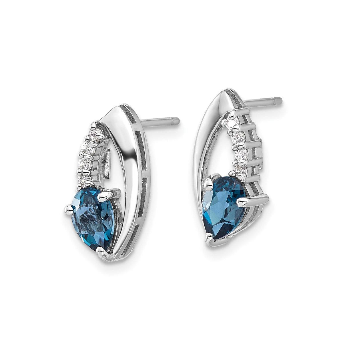 Sterling Silver Stud Earrings with Pear Shaped London Blue Topaz and Cubic Zirconia Accents