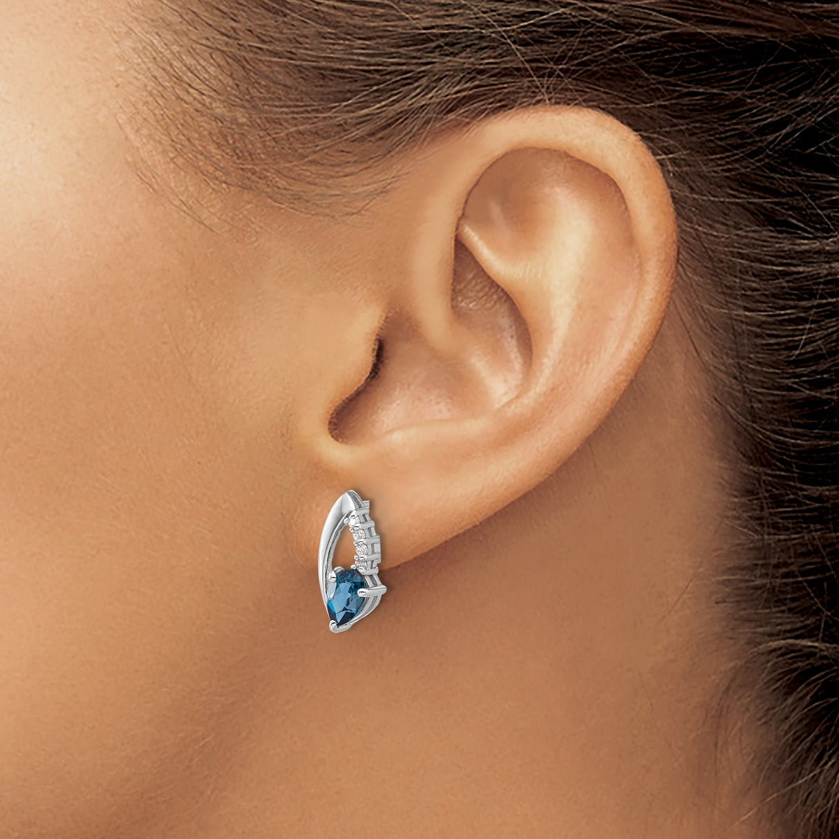Sterling Silver Stud Earrings with Pear Shaped London Blue Topaz and Cubic Zirconia Accents