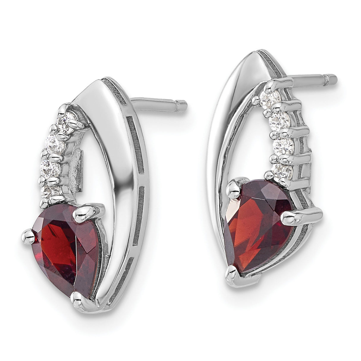 Sterling Silver Stud Earrings with Pear Shaped Garnet and Cubic Zirconia, Modern Curved Design