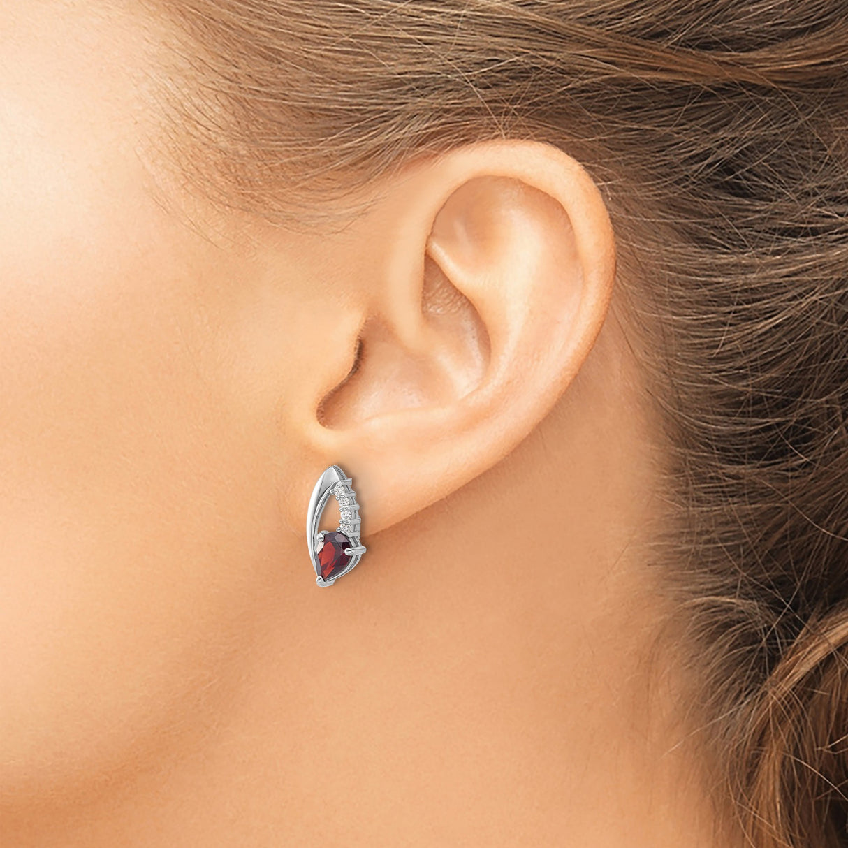 Sterling Silver Stud Earrings with Pear Shaped Garnet and Cubic Zirconia, Modern Curved Design