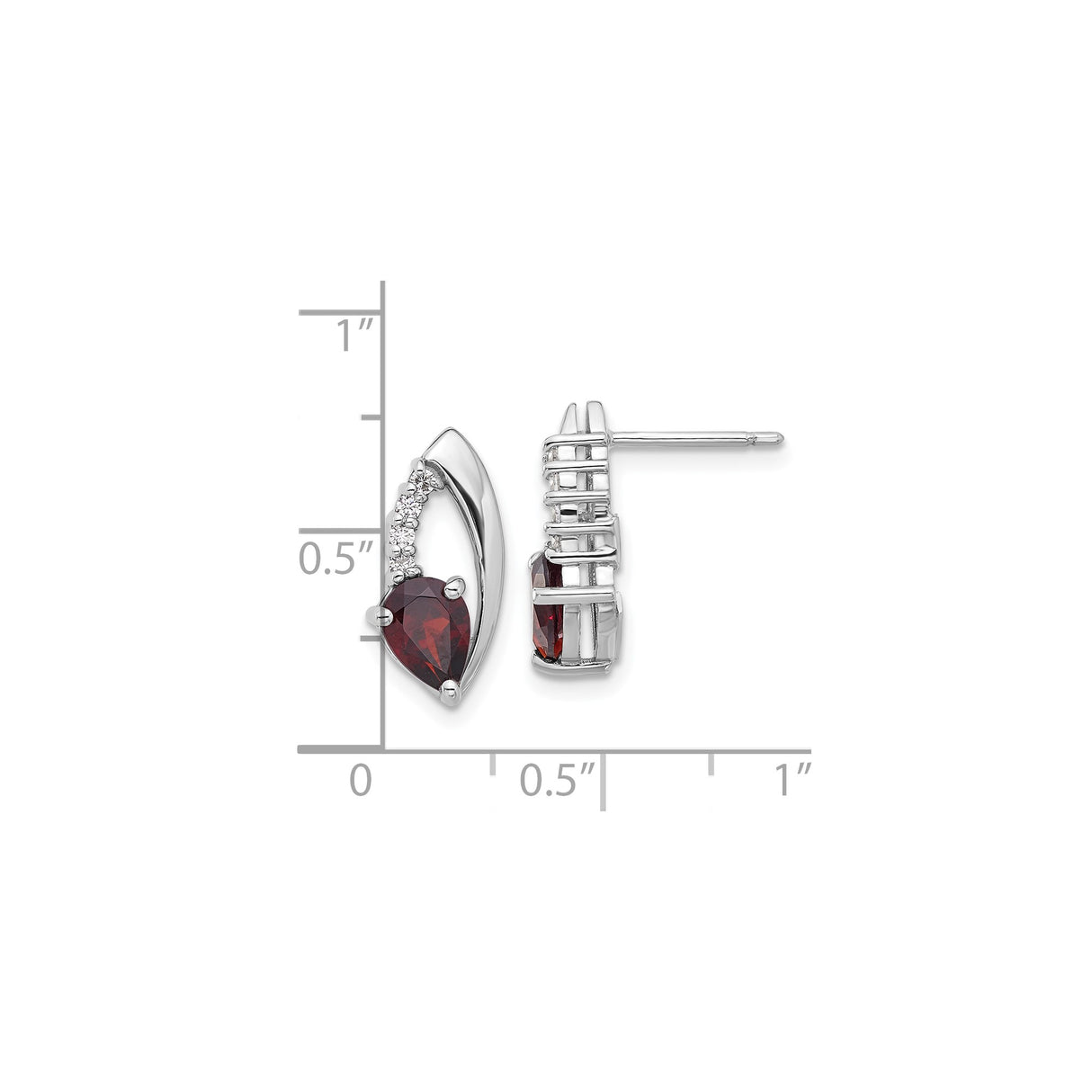 Sterling Silver Stud Earrings with Pear Shaped Garnet and Cubic Zirconia, Modern Curved Design