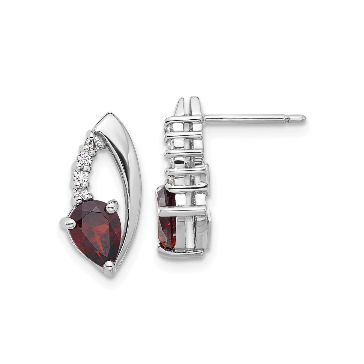 Sterling Silver Stud Earrings with Pear Shaped Garnet and Cubic Zirconia, Modern Curved Design