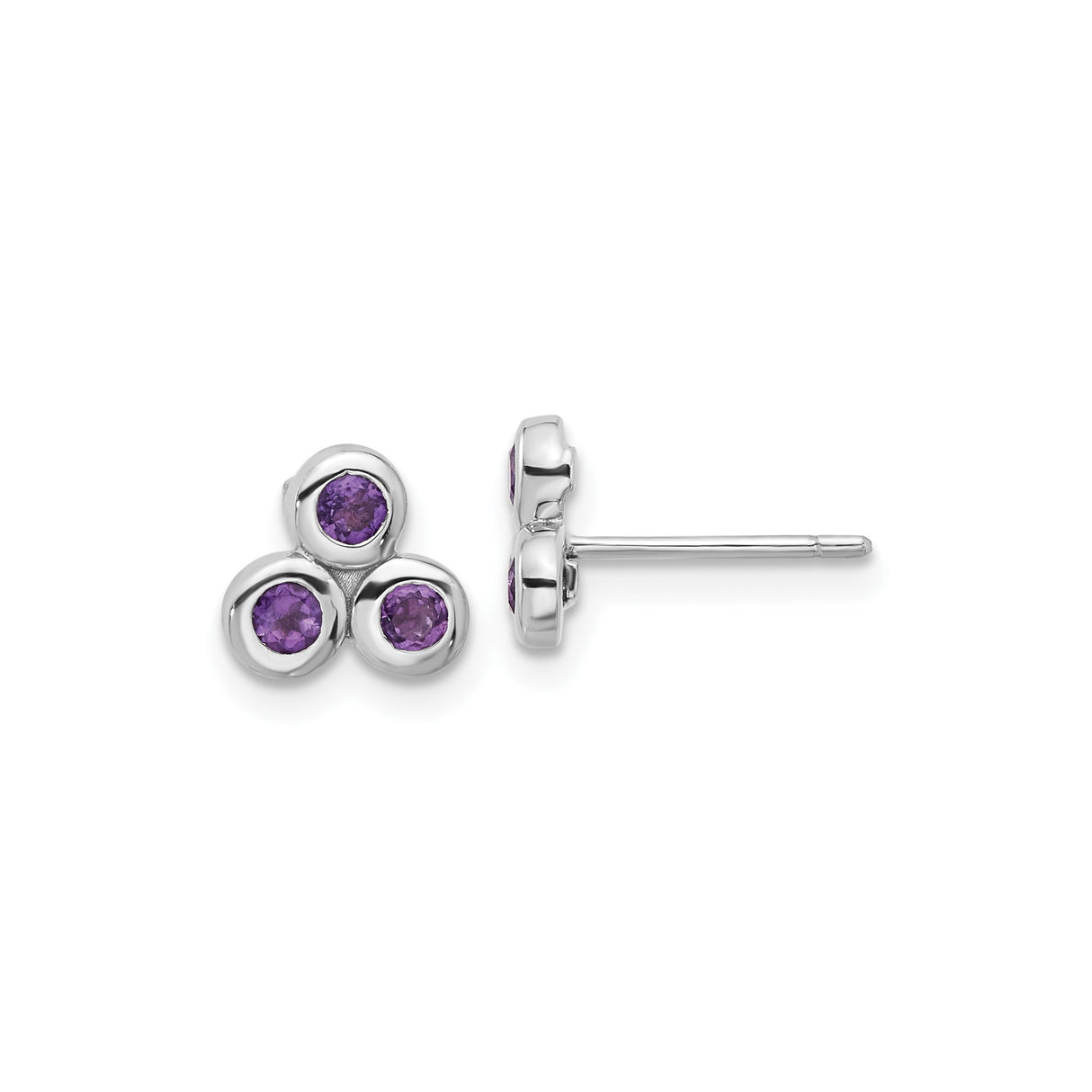 Sterling Silver Triangle Stud Earrings with Round Cut Amethyst Cluster Design