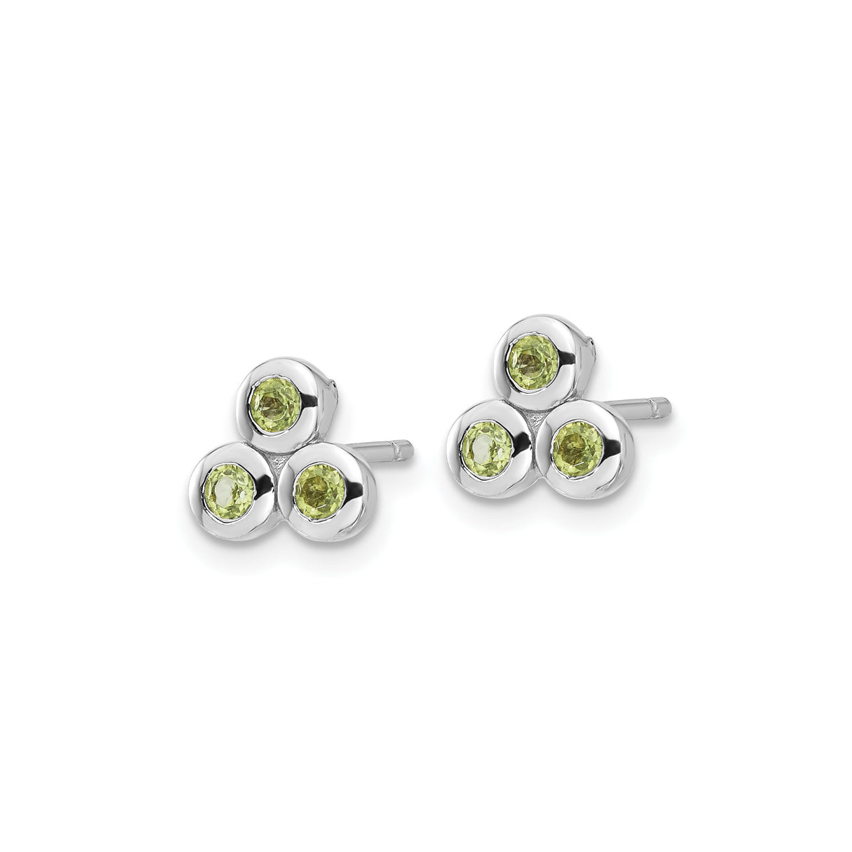 Sterling Silver Stud Earrings with Peridot, Bezel Set Trio Design, Minimalist Clustered Style