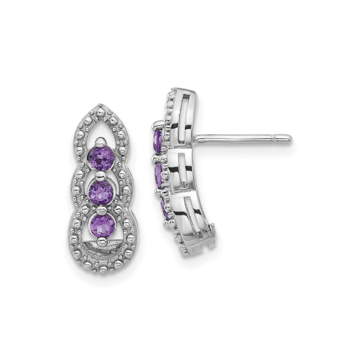 Sterling Silver Stud Earrings with Amethyst and Infinity Beaded Detailing