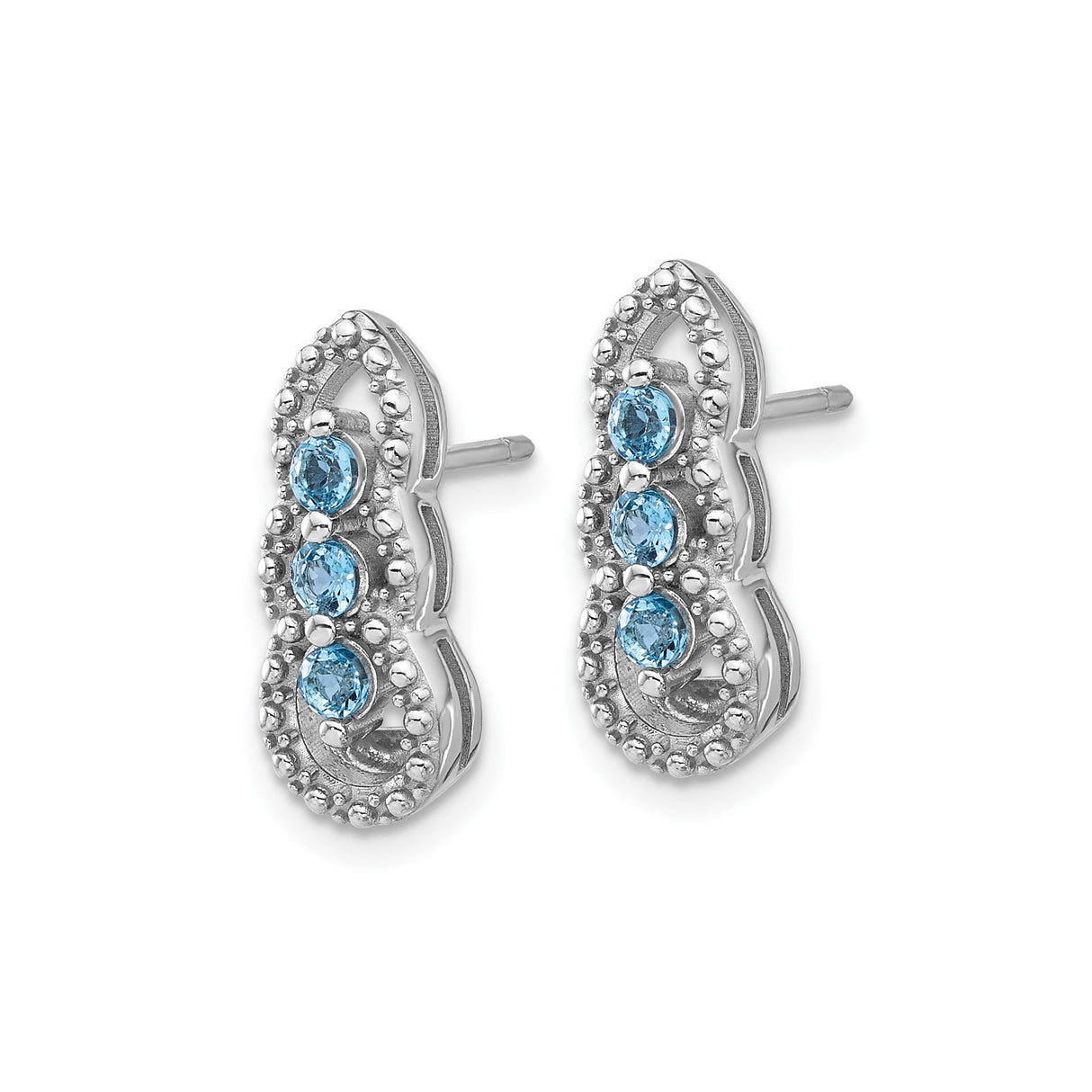 Sterling Silver Stud Earrings with Swiss Blue Topaz, Marquise Openwork Frame, Beaded Detailing