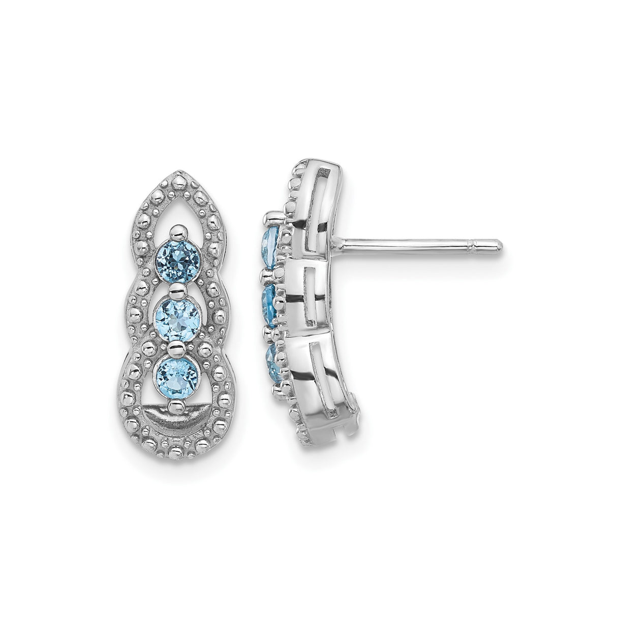 Sterling Silver Stud Earrings with Swiss Blue Topaz, Marquise Openwork Frame, Beaded Detailing