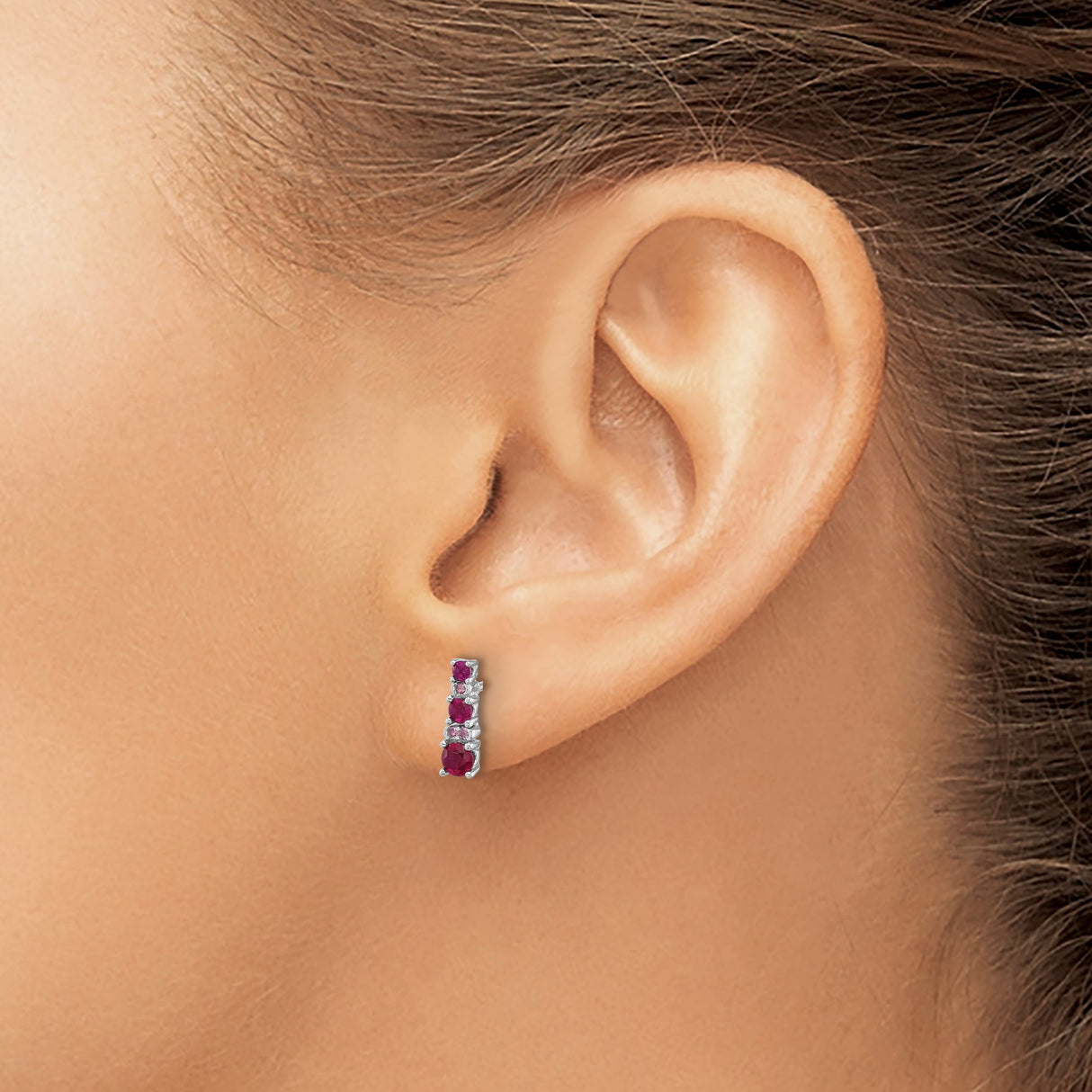 Sterling Silver Stud Earrings with Created Ruby and Lab Created Sapphire, Modern Vertical Design
