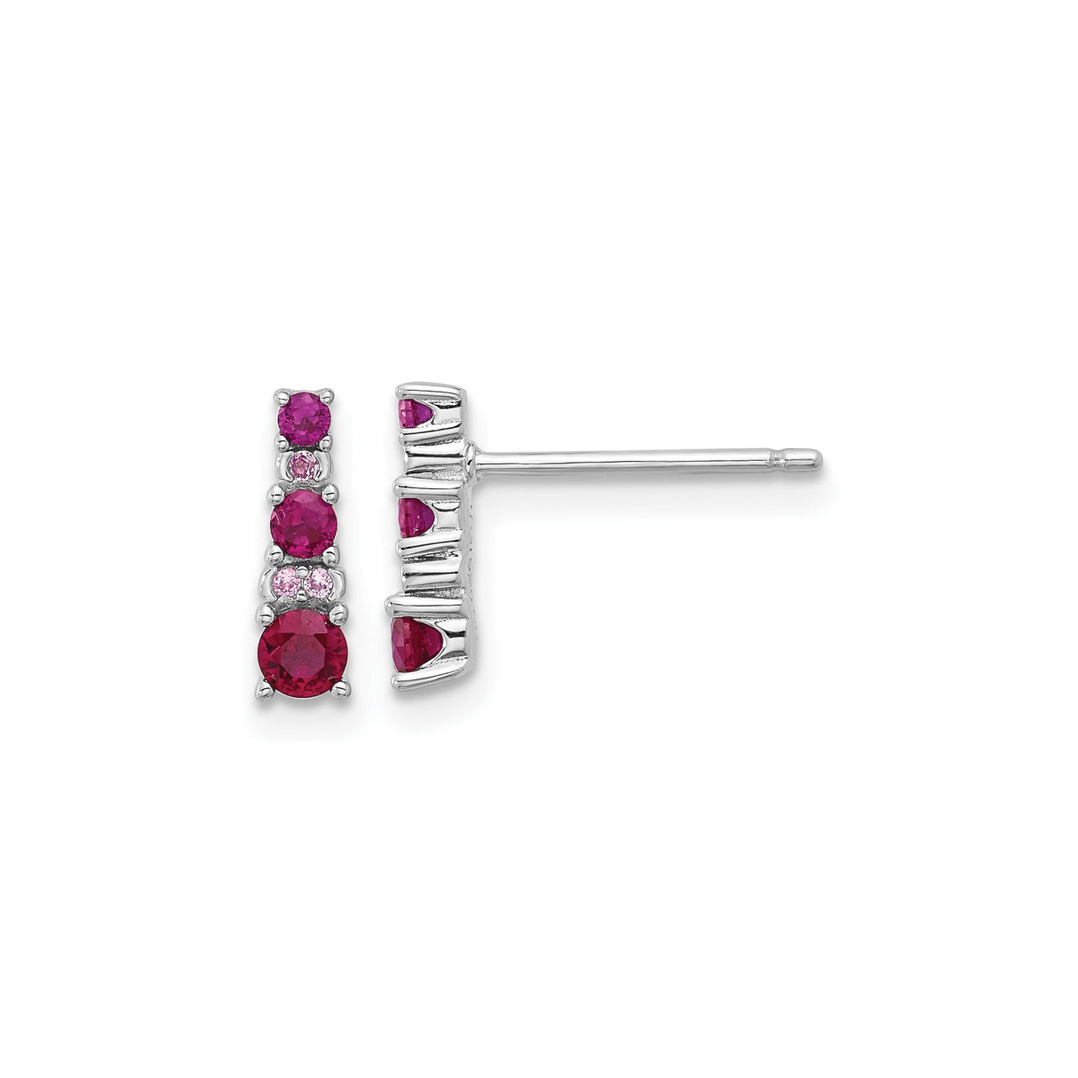 Sterling Silver Stud Earrings with Created Ruby and Lab Created Sapphire, Modern Vertical Design
