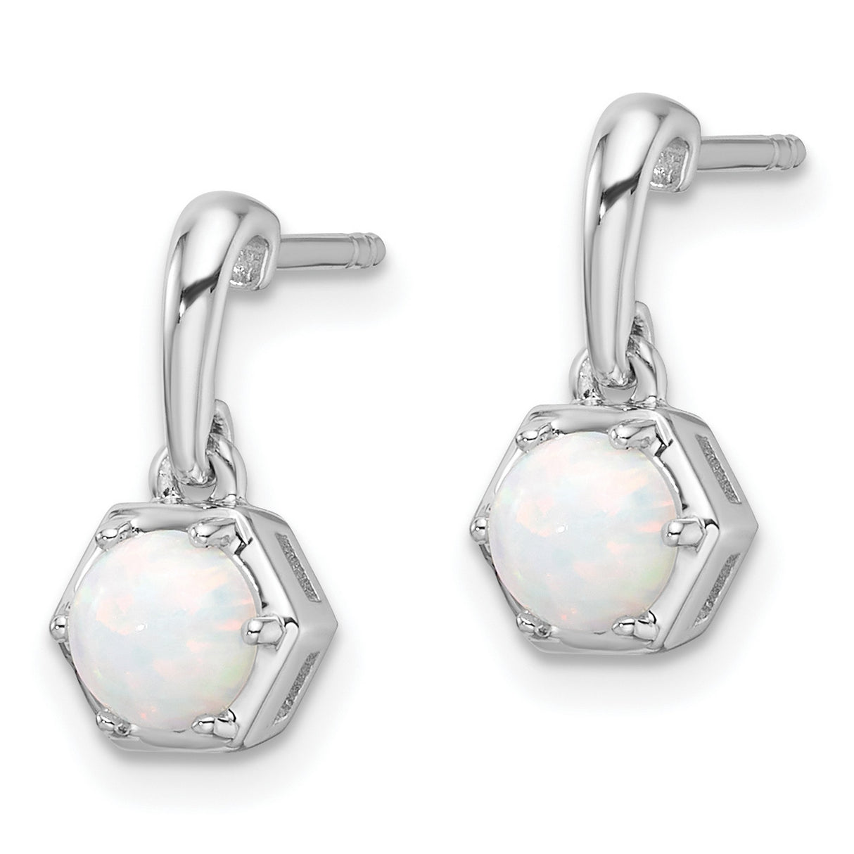 Sterling Silver Dangle Earrings with Created Opal, Hexagon Bezel, Minimalist Design