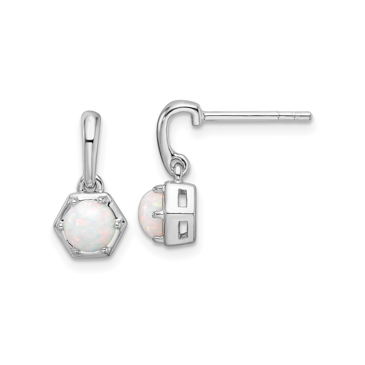 Sterling Silver Dangle Earrings with Created Opal, Hexagon Bezel, Minimalist Design