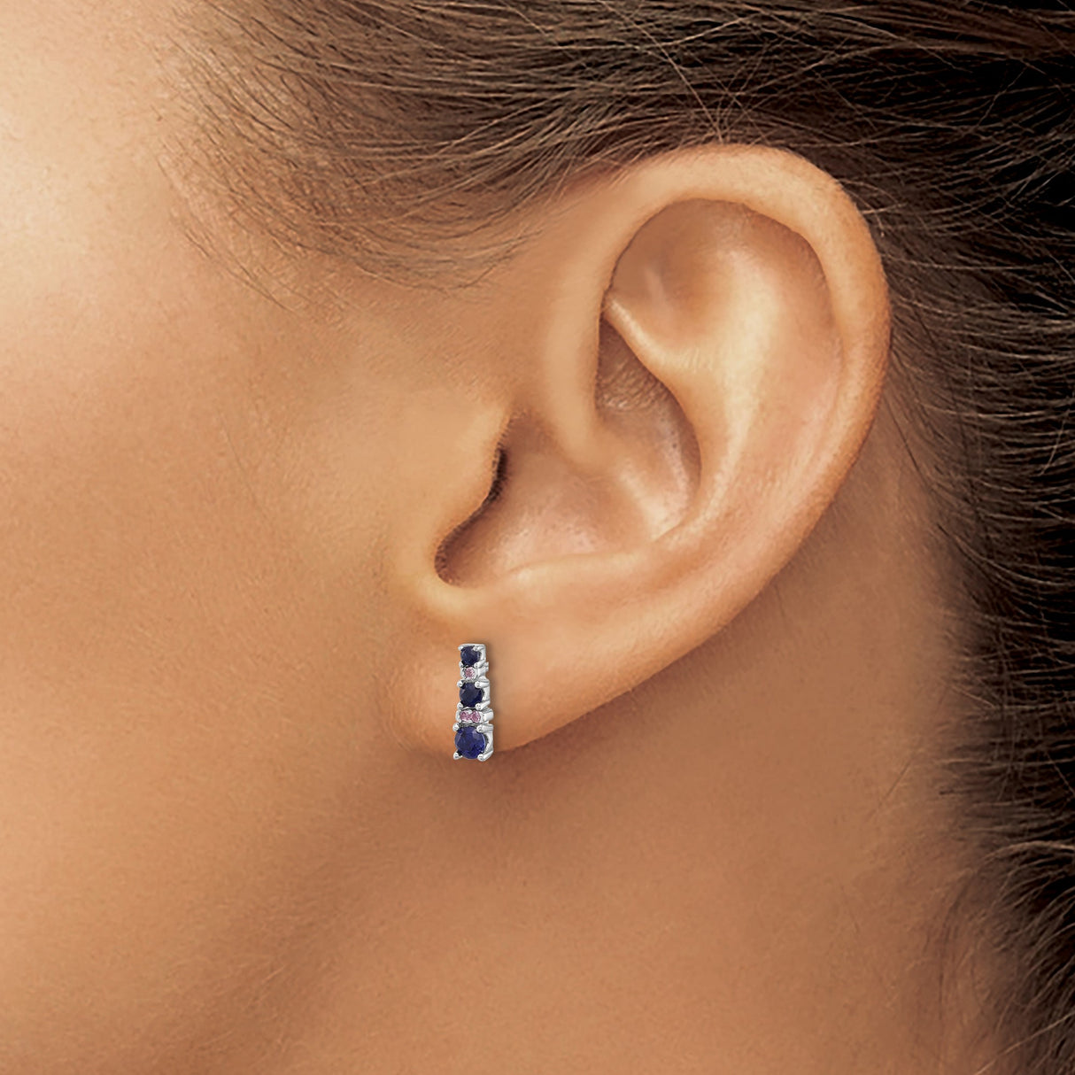 Sterling Silver Stud Earrings with Created Spinel and Lab Created Sapphire, Vertical Design