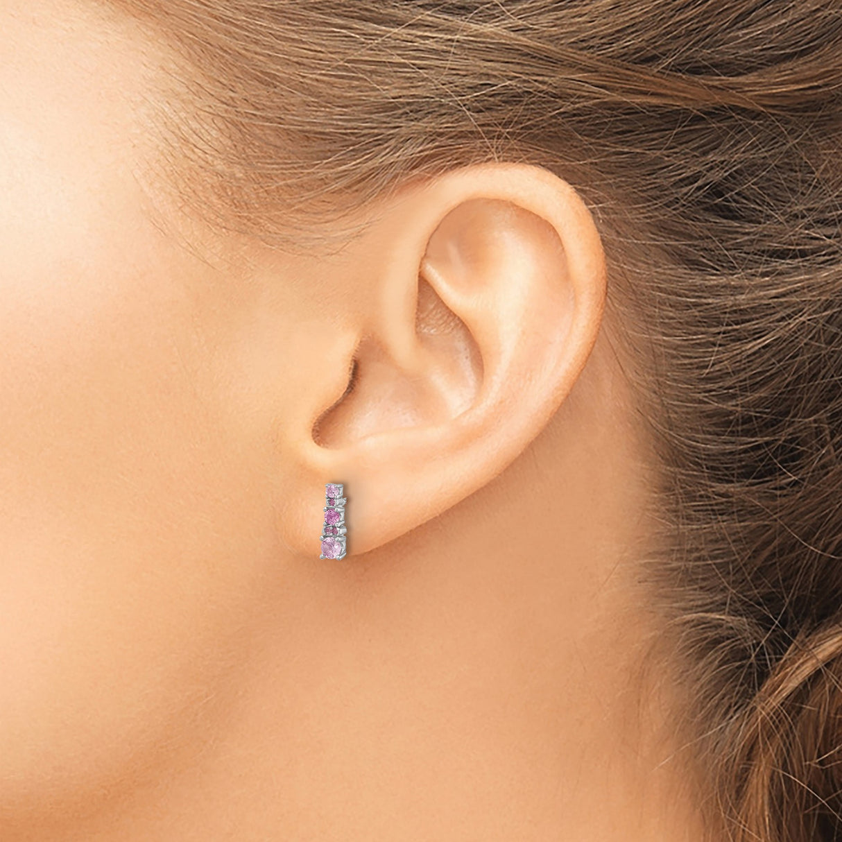 Sterling Silver Stud Earrings with Created Sapphire and Cubic Zirconia, Vertical Prong Setting