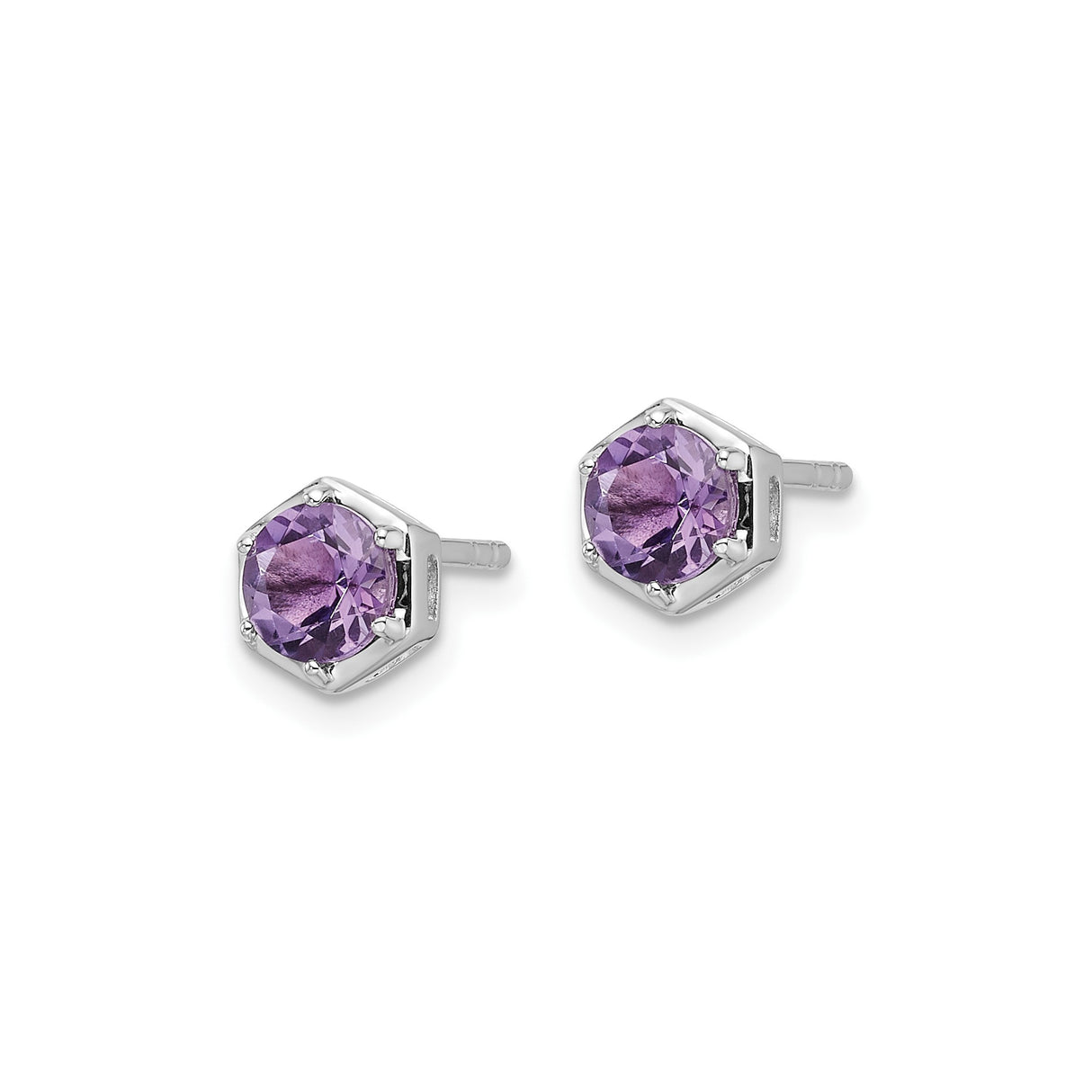 Sterling Silver Hexagon Stud Earrings with Round Cut Amethyst Gemstones, Modern Minimal Design