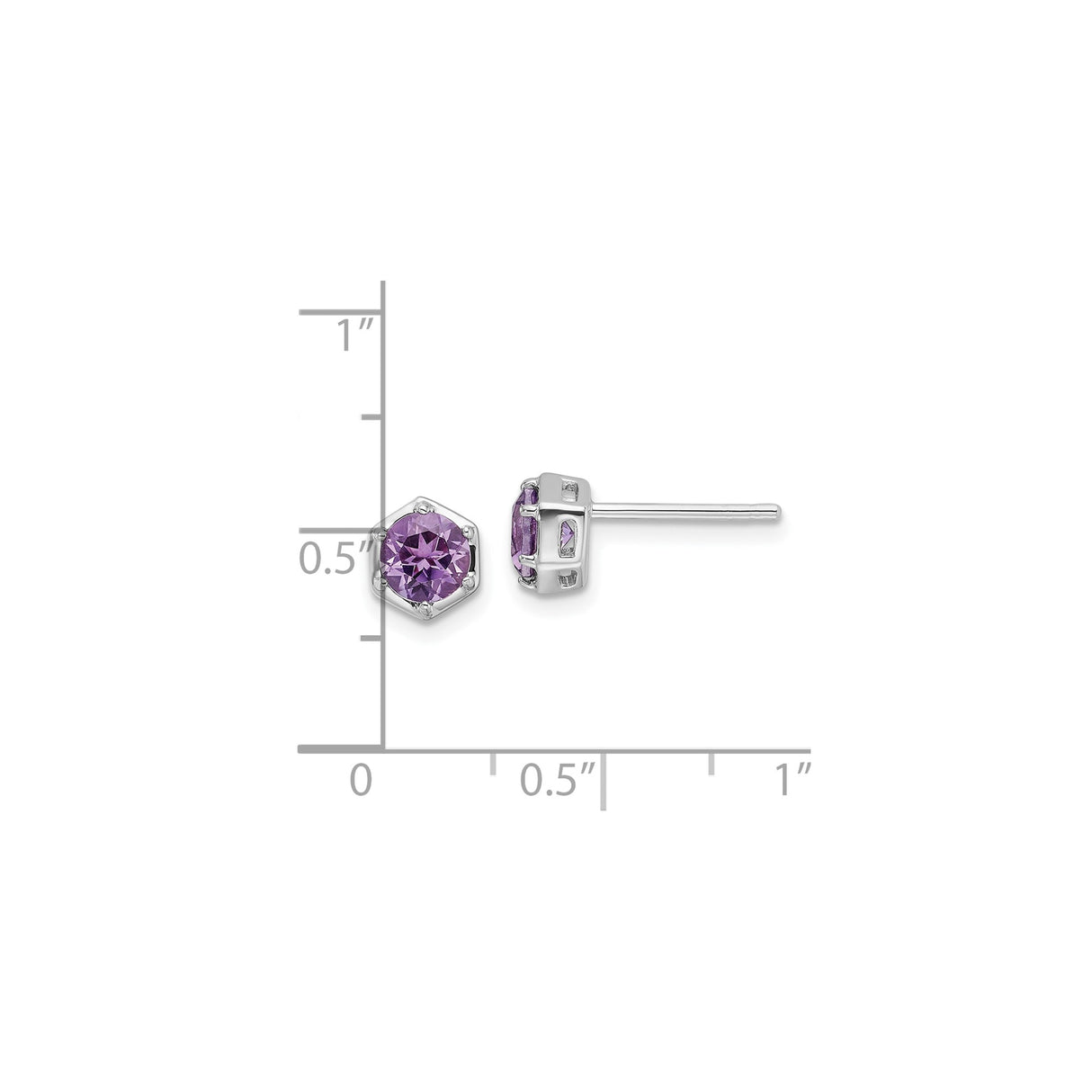 Sterling Silver Hexagon Stud Earrings with Round Cut Amethyst Gemstones, Modern Minimal Design