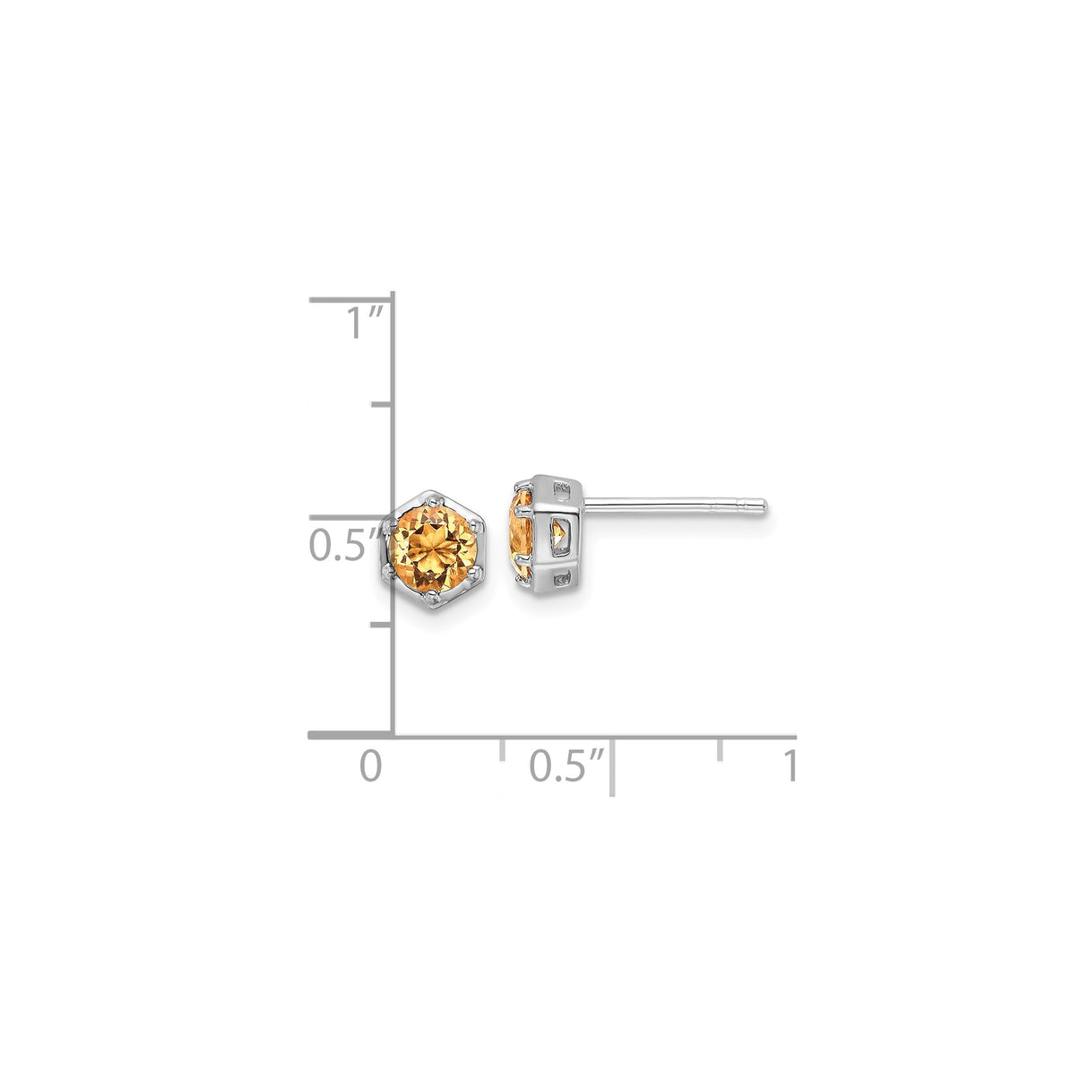 Sterling Silver Hexagon Stud Earrings with Orange Citrine in Bezel Setting, Minimalist Geometric Design