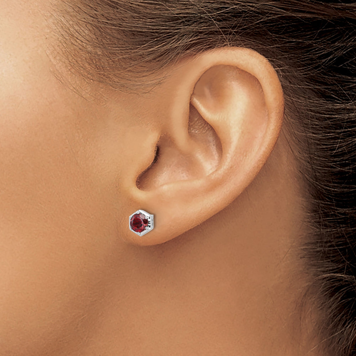 Sterling Silver Stud Earrings with Garnet, Hexagon Geometric Design for Women