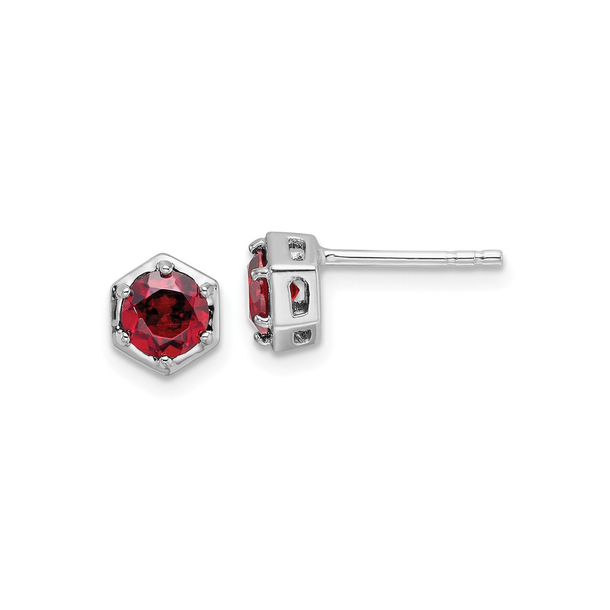 Sterling Silver Stud Earrings with Garnet, Hexagon Geometric Design for Women