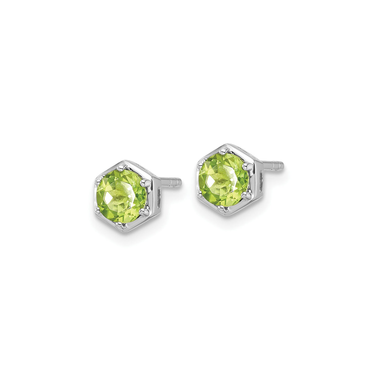 Sterling Silver Stud Earrings with Peridot, Round Cut Hexagon Prong Setting, Minimalist Style
