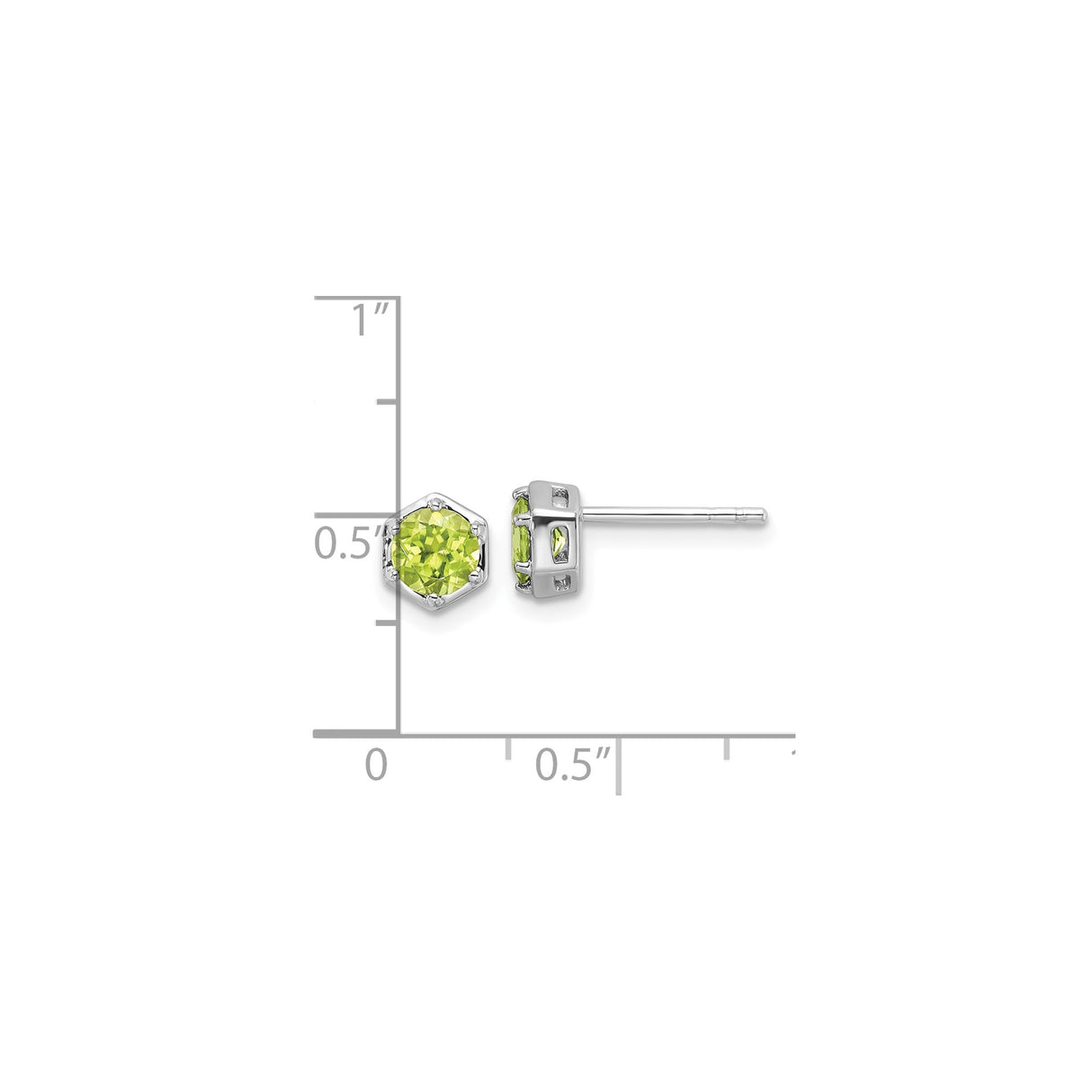 Sterling Silver Stud Earrings with Peridot, Round Cut Hexagon Prong Setting, Minimalist Style
