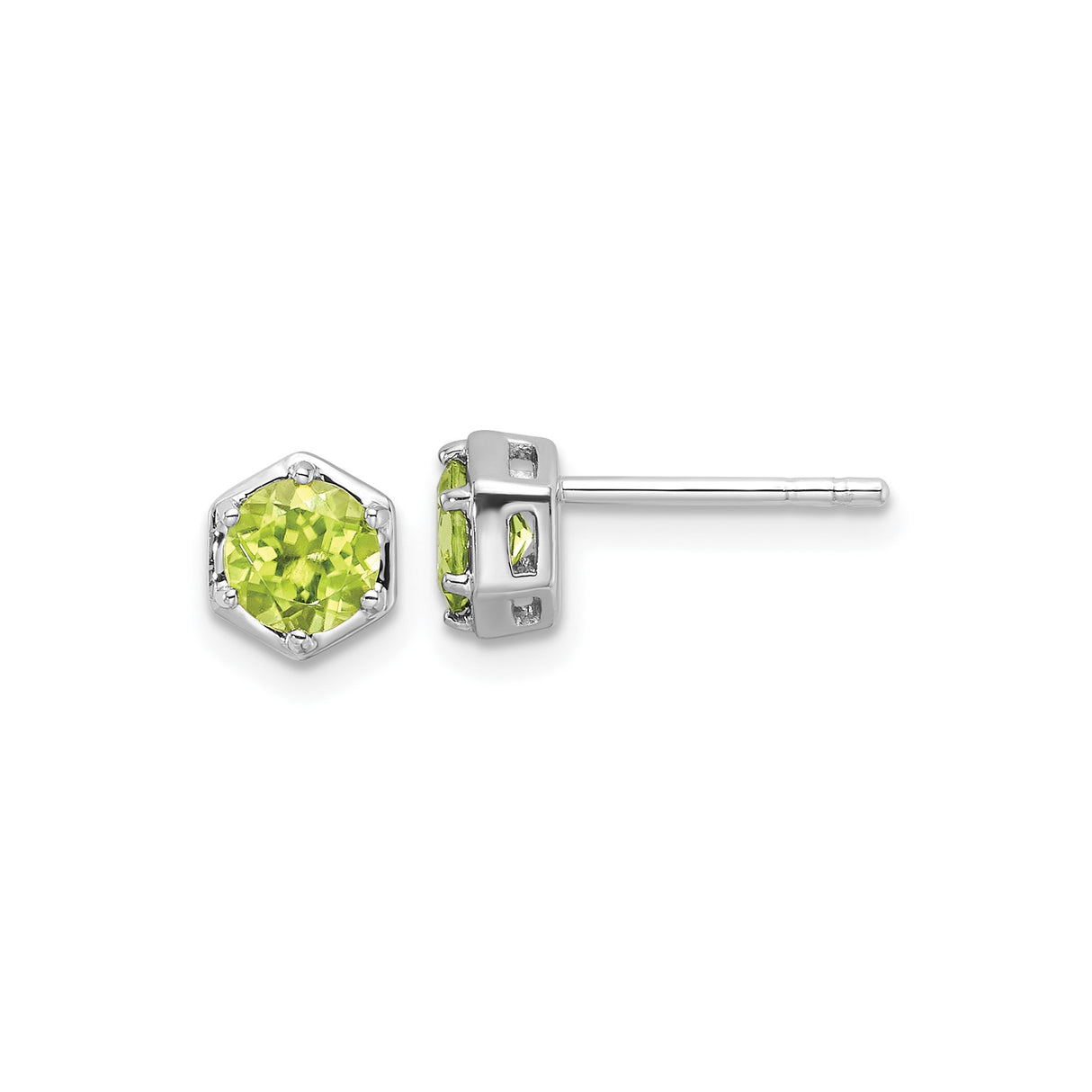 Sterling Silver Stud Earrings with Peridot, Round Cut Hexagon Prong Setting, Minimalist Style