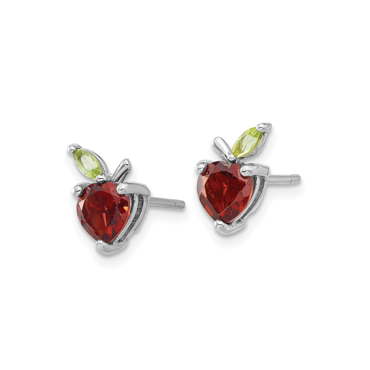 Sterling Silver Apple Earrings with Heart Garnet and Marquise Peridot, Nature-Inspired Studs