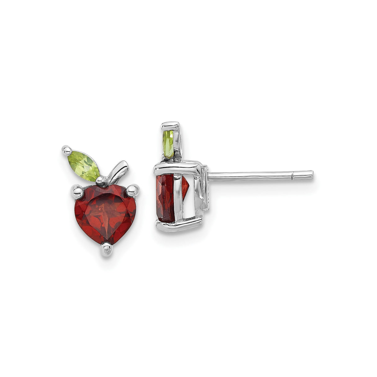 Sterling Silver Apple Earrings with Heart Garnet and Marquise Peridot, Nature-Inspired Studs