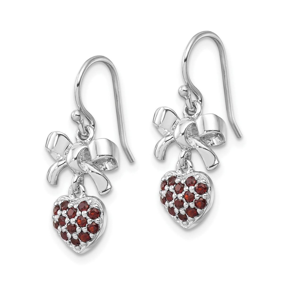 Sterling Silver Dangle Earrings with Garnet Heart Charms and Bow Design