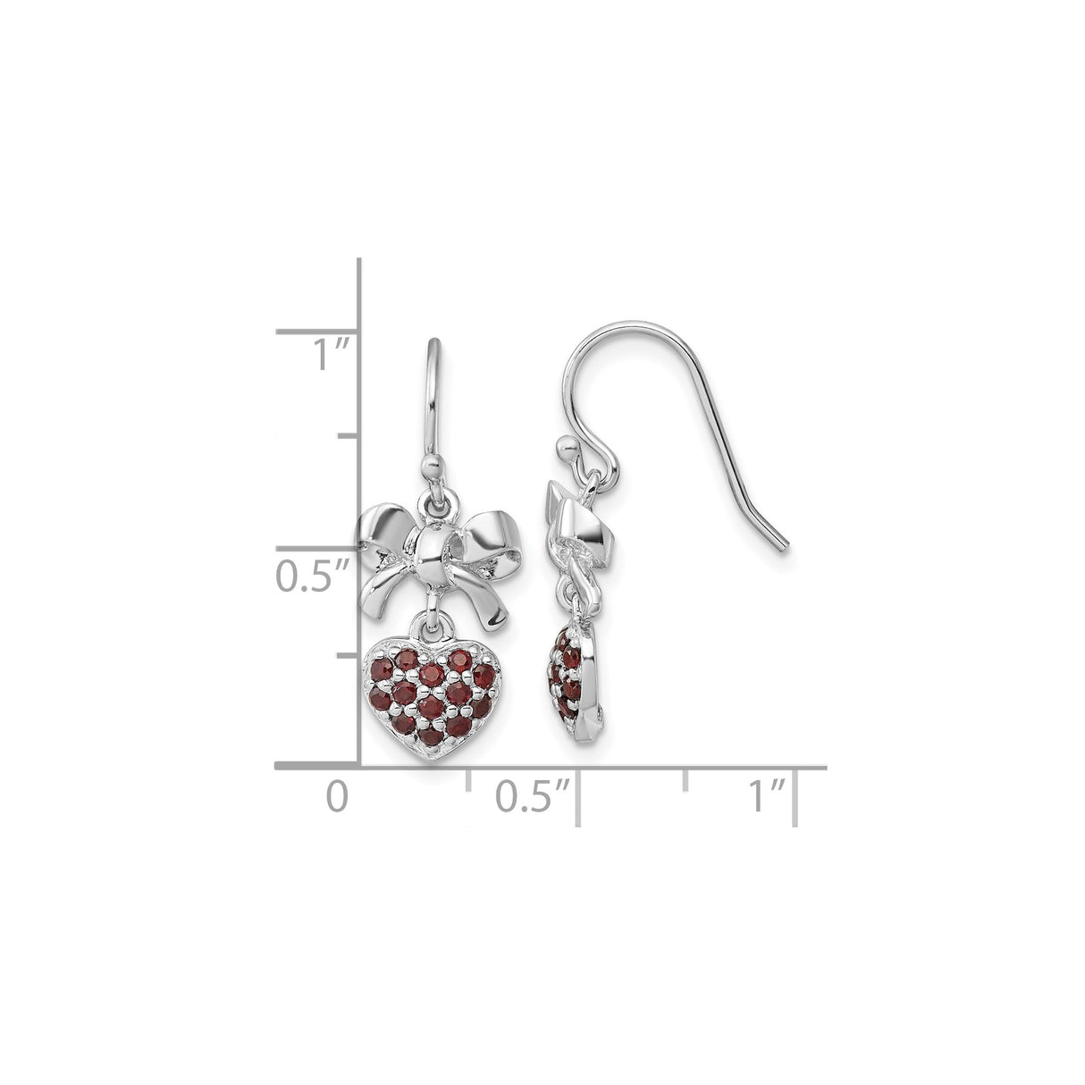 Sterling Silver Dangle Earrings with Garnet Heart Charms and Bow Design