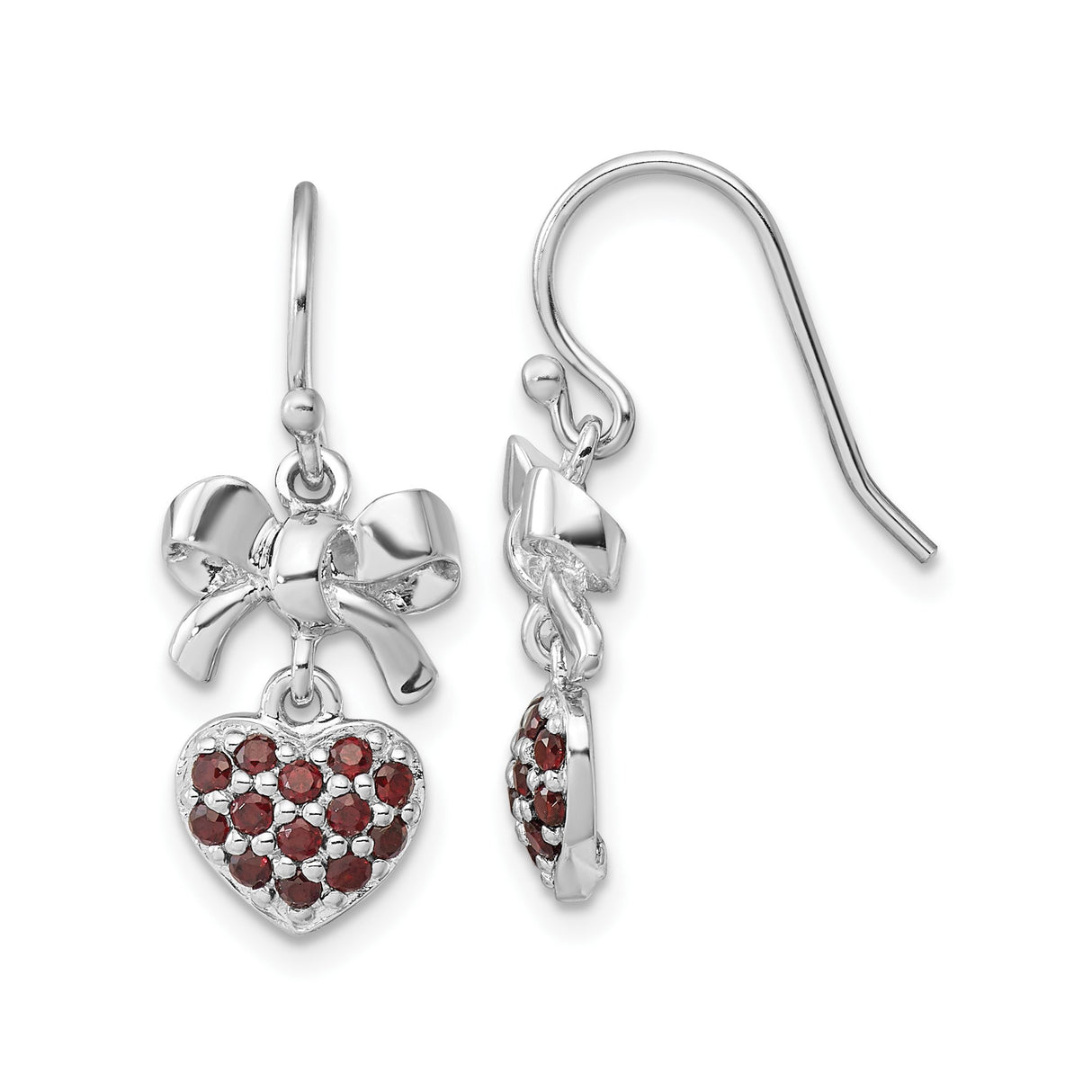 Sterling Silver Dangle Earrings with Garnet Heart Charms and Bow Design