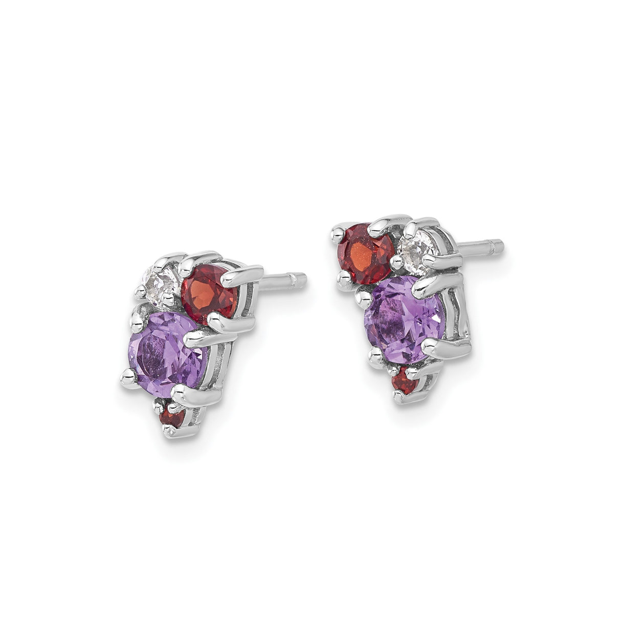 Sterling Silver Stud Earrings with Garnet, Amethyst, and White Topaz Cluster Design