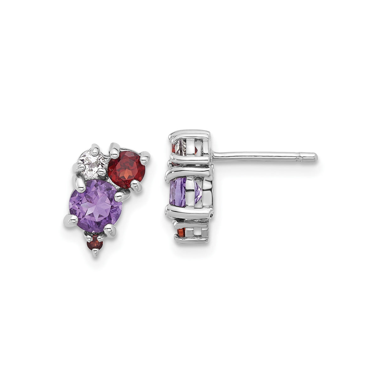 Sterling Silver Stud Earrings with Garnet, Amethyst, and White Topaz Cluster Design