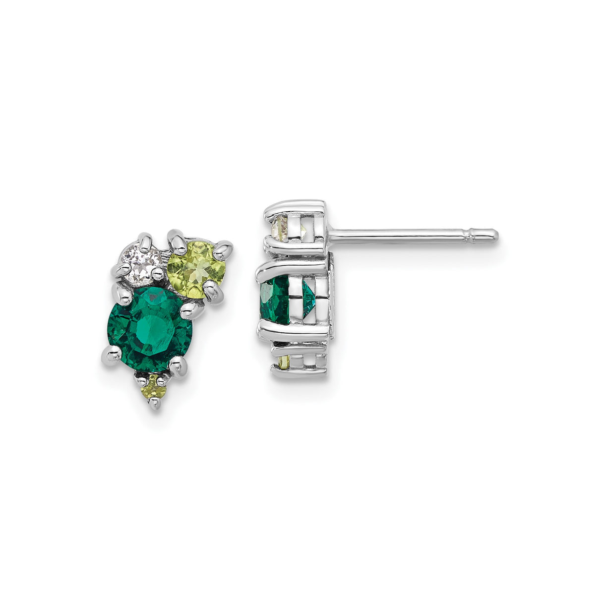 Sterling Silver Stud Earrings with Peridot and Lab Created Emerald Cluster Gems