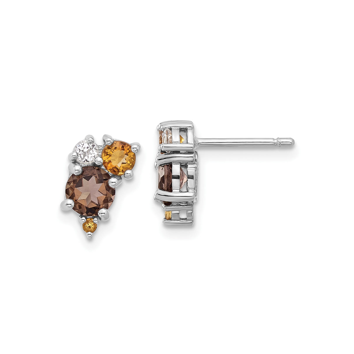 Sterling Silver Stud Earrings with Citrine, Smoky Quartz, and White Topaz Cluster
