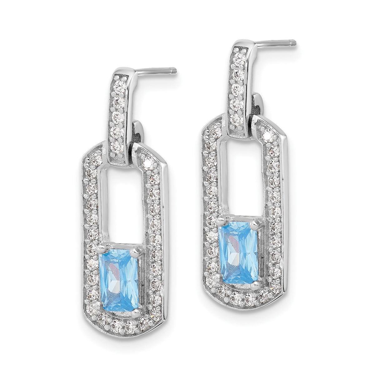 Sterling Silver Dangle Earrings with Swiss Blue Topaz and Cubic Zirconia, Open Rectangle Design