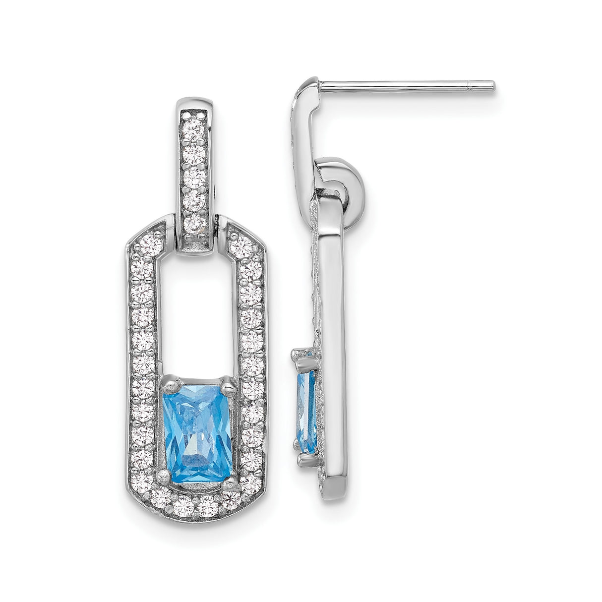 Sterling Silver Dangle Earrings with Swiss Blue Topaz and Cubic Zirconia, Open Rectangle Design