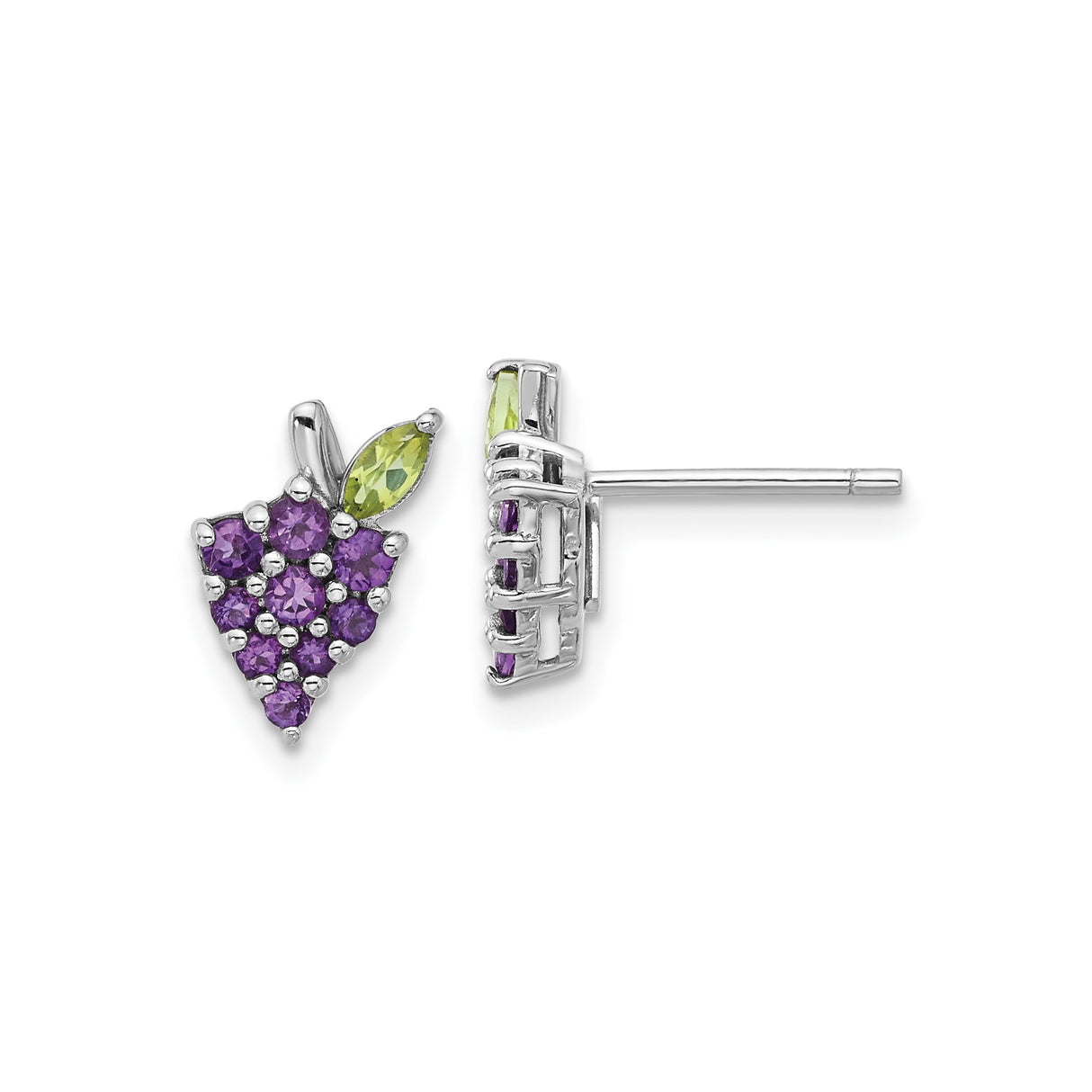 Sterling Silver Grape Cluster Stud Earrings with Amethyst and Peridot, Nature-Inspired Design