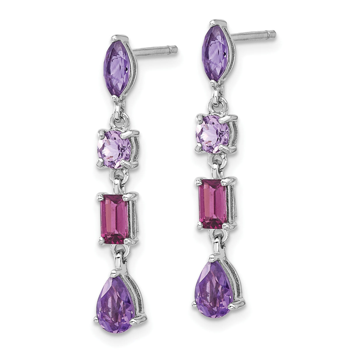 Sterling Silver Dangle Earrings with Rhodolite Garnet and Quartz Gemstones