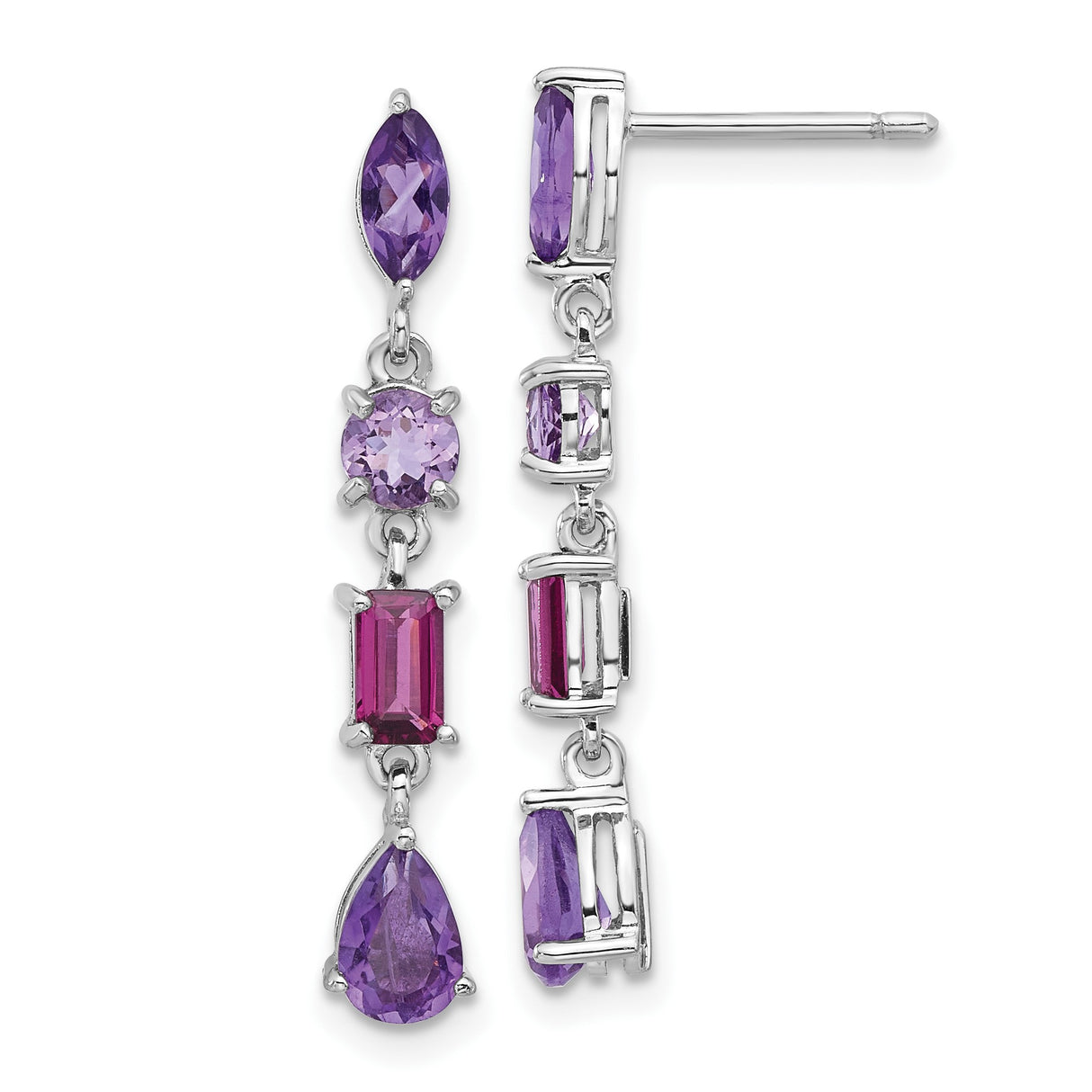 Sterling Silver Dangle Earrings with Rhodolite Garnet and Quartz Gemstones