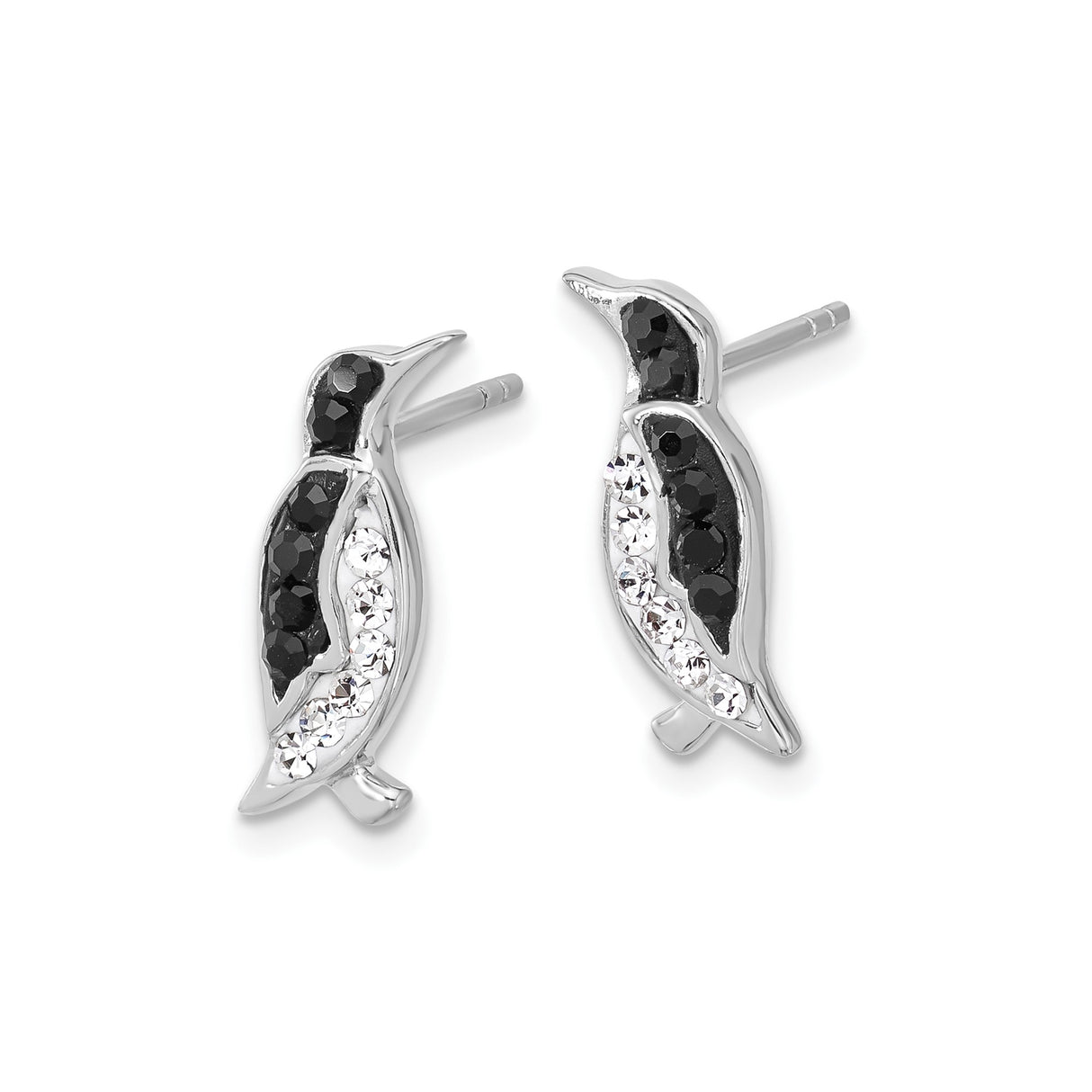 Sterling Silver Penguin Stud Earrings with Black and White Crystals, Rhodium Plated Animal Design