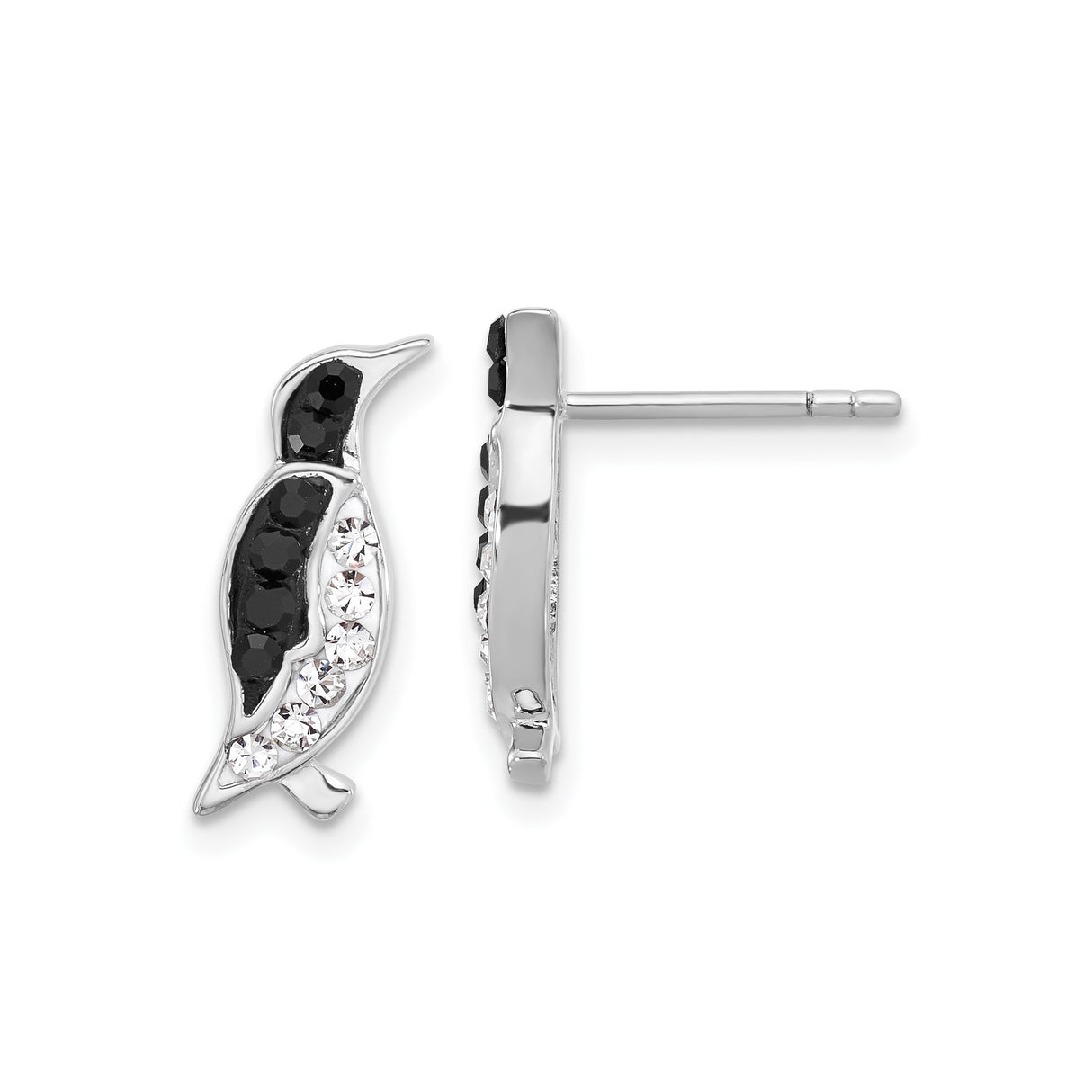 Sterling Silver Penguin Stud Earrings with Black and White Crystals, Rhodium Plated Animal Design
