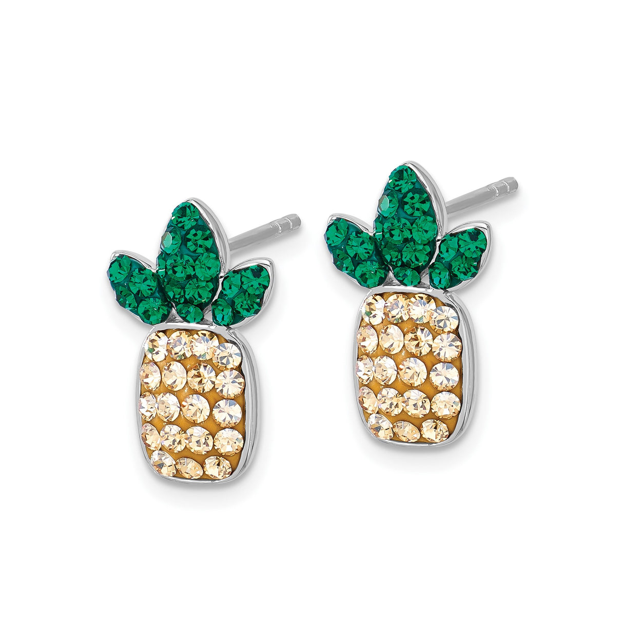 Sterling Silver Pineapple Stud Earrings with Green and Yellow Crystals, Tropical Design