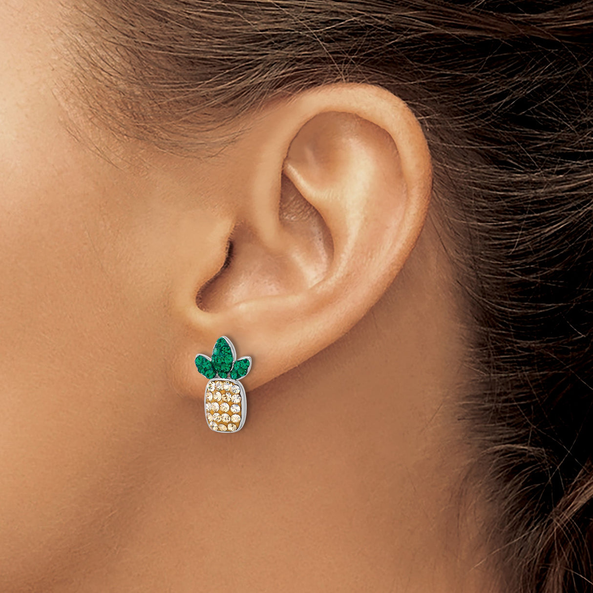 Sterling Silver Pineapple Stud Earrings with Green and Yellow Crystals, Tropical Design