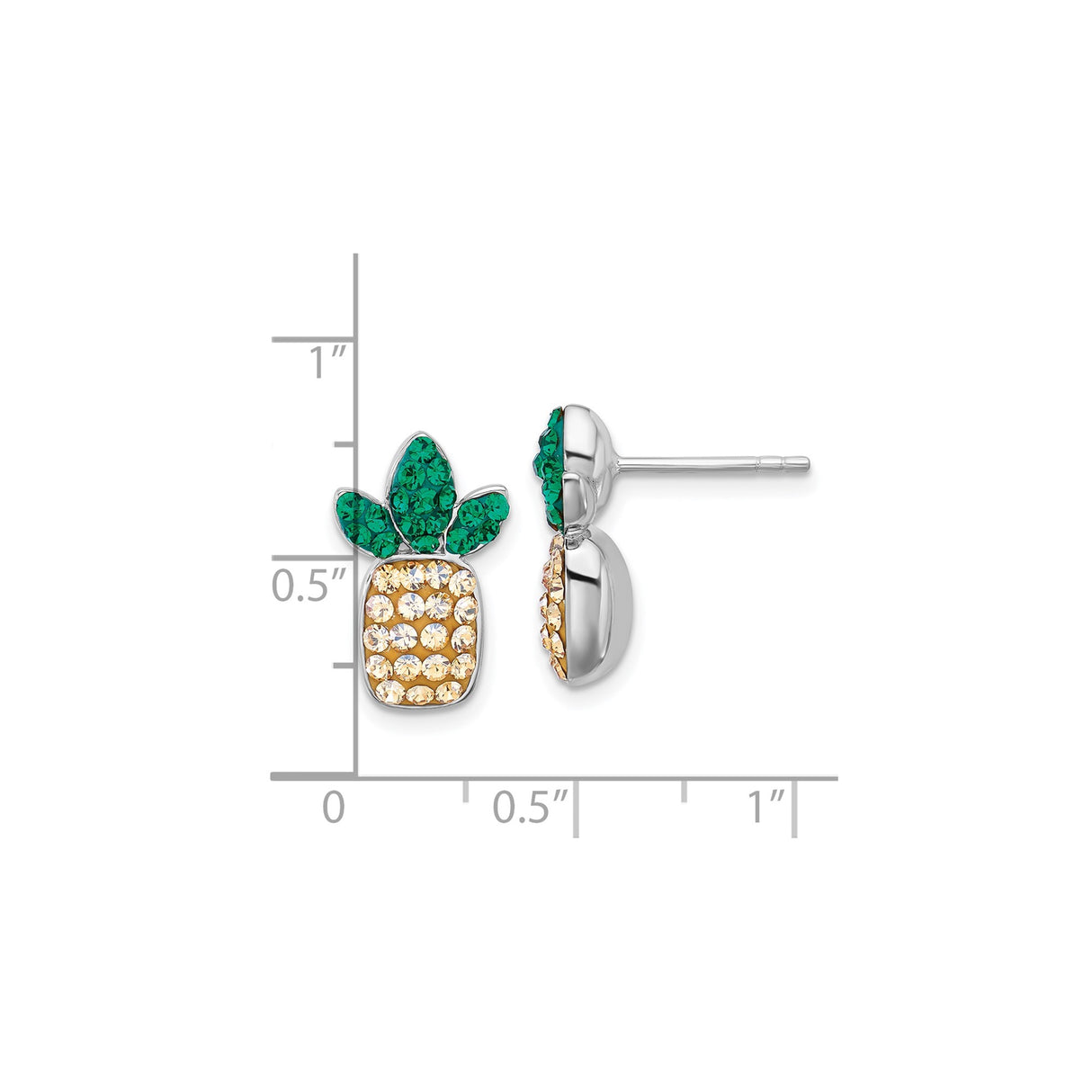Sterling Silver Pineapple Stud Earrings with Green and Yellow Crystals, Tropical Design