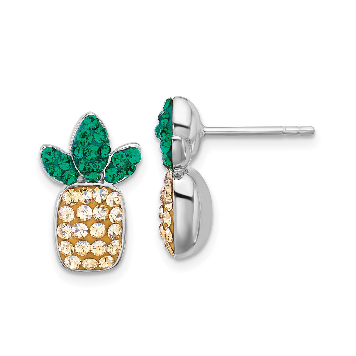 Sterling Silver Pineapple Stud Earrings with Green and Yellow Crystals, Tropical Design