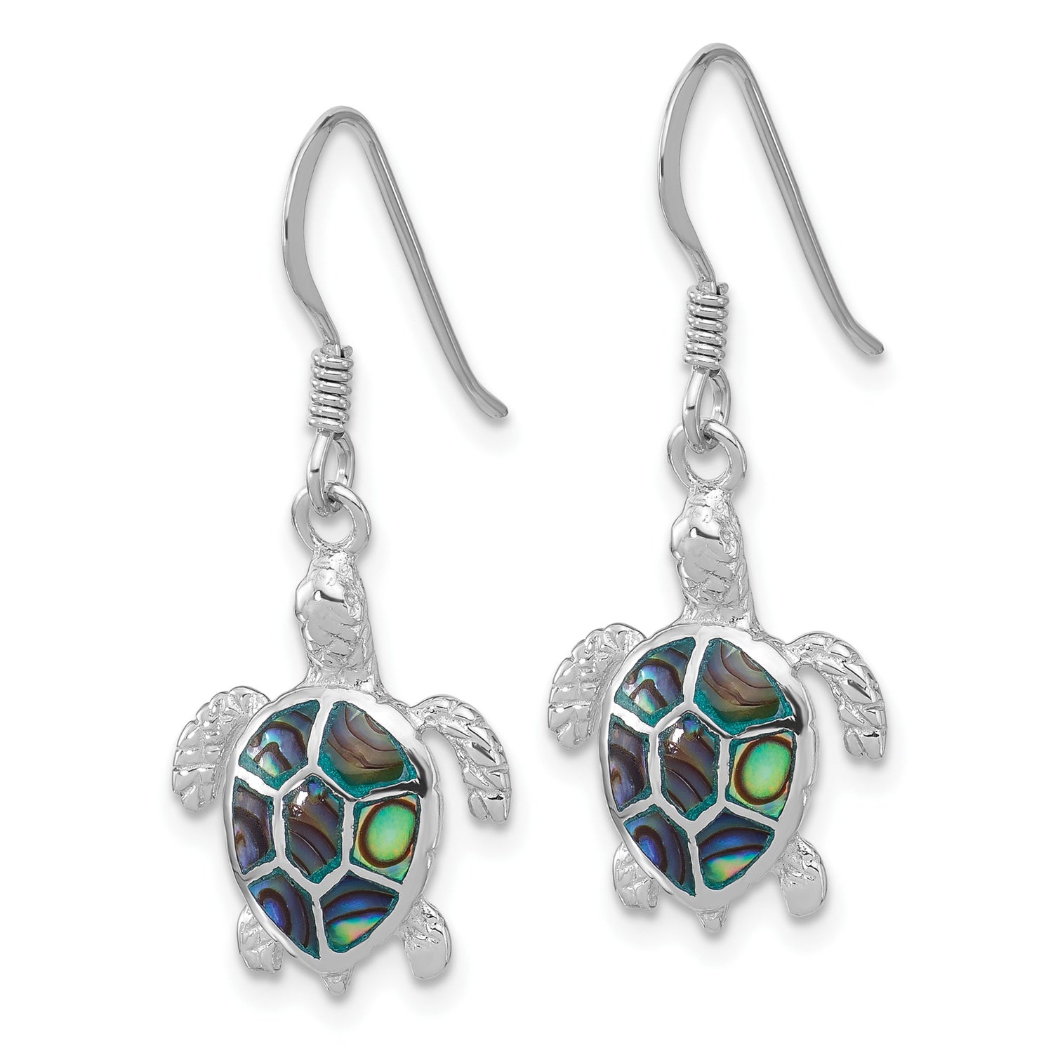 Sterling Silver Turtle Dangle Earrings with Abalone Shell, Ocean-Inspired Design