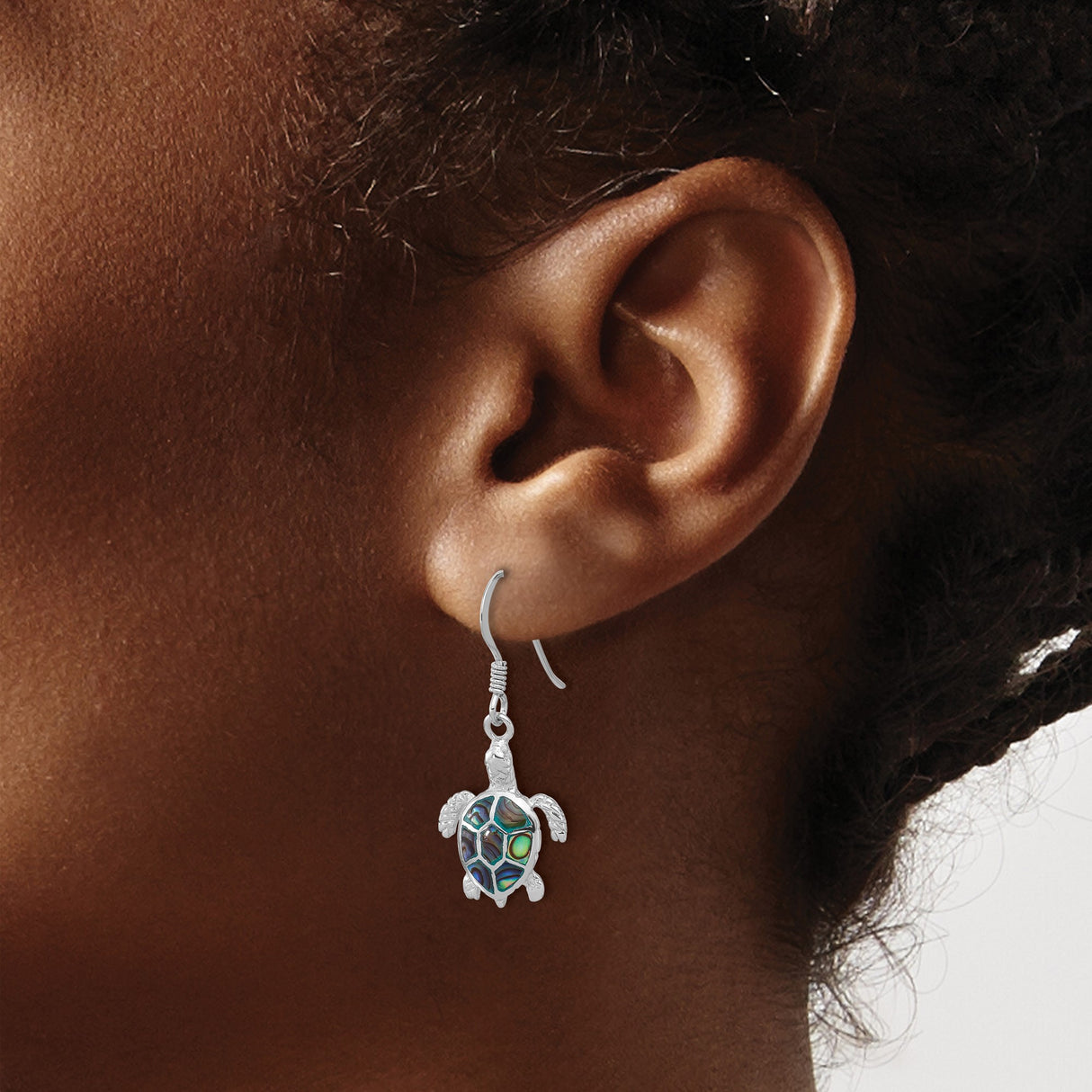 Sterling Silver Turtle Dangle Earrings with Abalone Shell, Ocean-Inspired Design