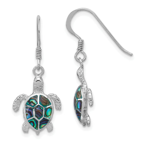 Sterling Silver Turtle Dangle Earrings with Abalone Shell, Ocean-Inspired Design